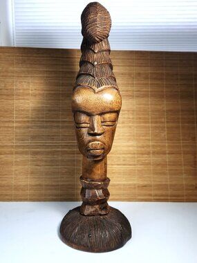 Vintage Hand Carved African Wooden Bust Statue Large 20.5" Tribal Woman Sculptur